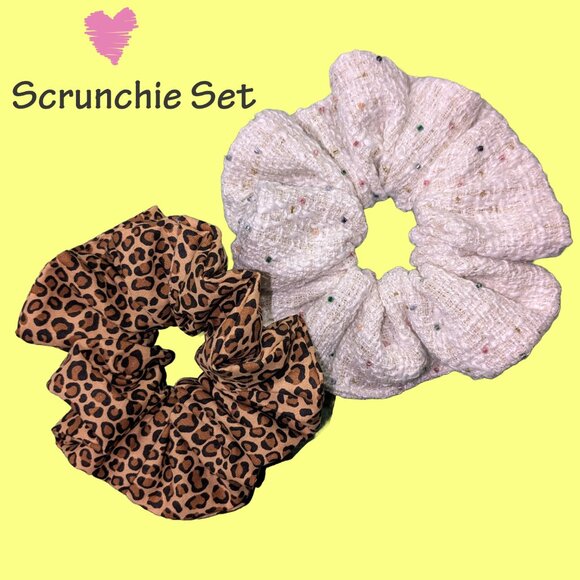 Leopard Print & Beaded Tweed Scrunchie Set - Picture 2 of 6